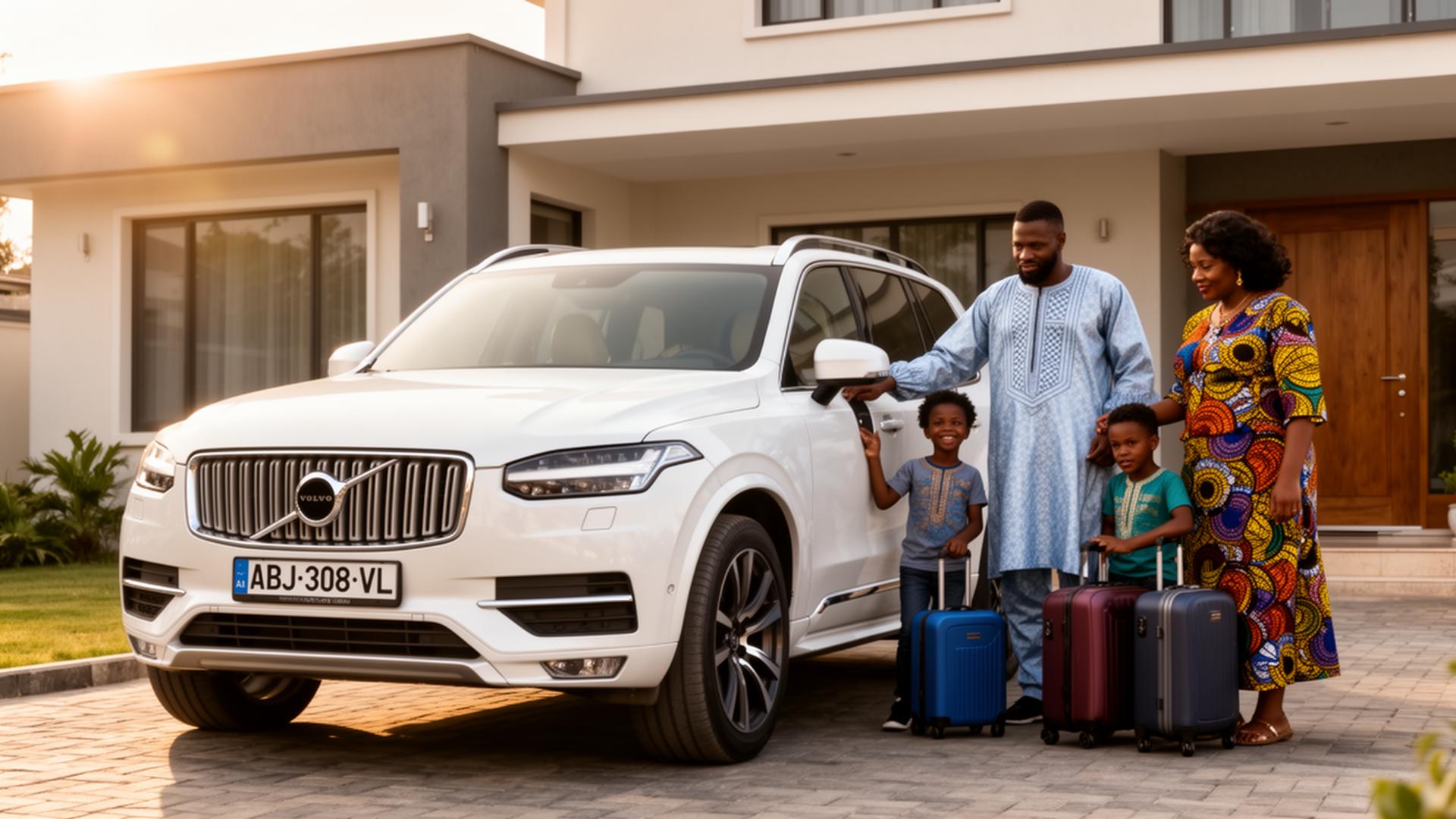 Nigerian family loading a white Volvo XC90 in Abuja