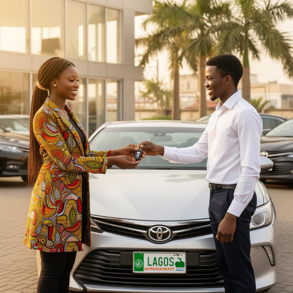 Young Nigerian couple receiving keys to a Toyota Camry from a Lagos dealer